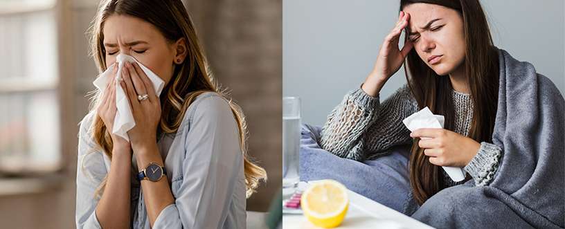 Two women showing symptoms of common cold and flu, illustrating the differences in severity and treatment approaches for accurate diagnosis and care.