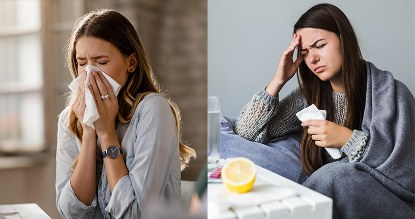 Two women showing symptoms of common cold and flu, illustrating the differences in severity and treatment approaches for accurate diagnosis and care.