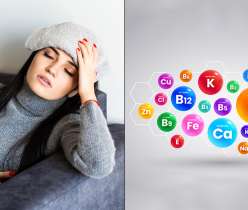 Woman showing signs of exhaustion linked to chronic fatigue syndrome due to vitamin deficiencies, alongside colorful vitamin and mineral icons