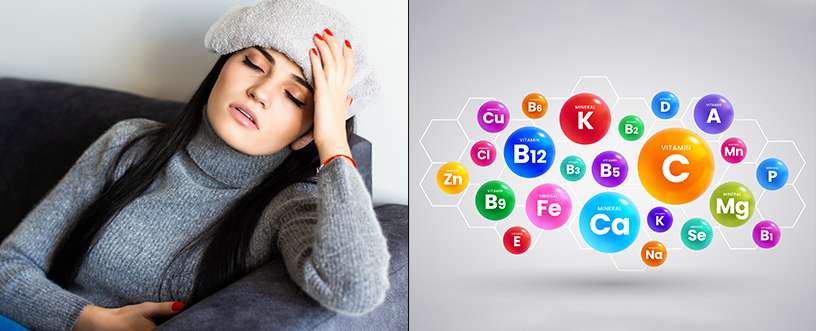 Woman showing signs of exhaustion linked to chronic fatigue syndrome due to vitamin deficiencies, alongside colorful vitamin and mineral icons