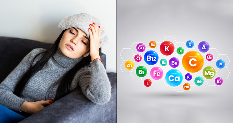Woman showing signs of exhaustion linked to chronic fatigue syndrome due to vitamin deficiencies, alongside colorful vitamin and mineral icons