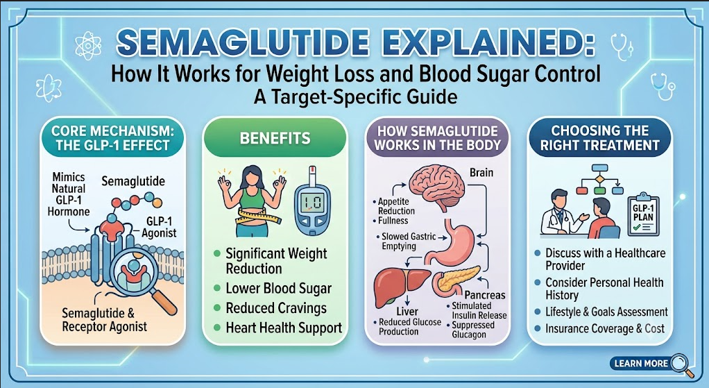 how semaglutide works for weight loss and blood sugar control by reducing appetite, slowing digestion, and improving insulin response.